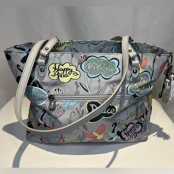 Sakroots Handbags - Sakroots Peace Tote in Grey with Whimsical Illustrations and Leaher Trim